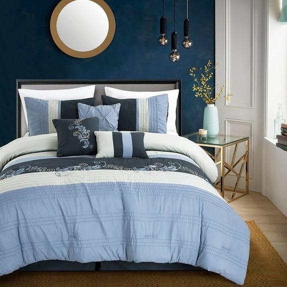 Chezmoi Collection 7-Piece Luxury Floral Leaves Embroidery Comforter Set, King, Navy/Blue/Gray