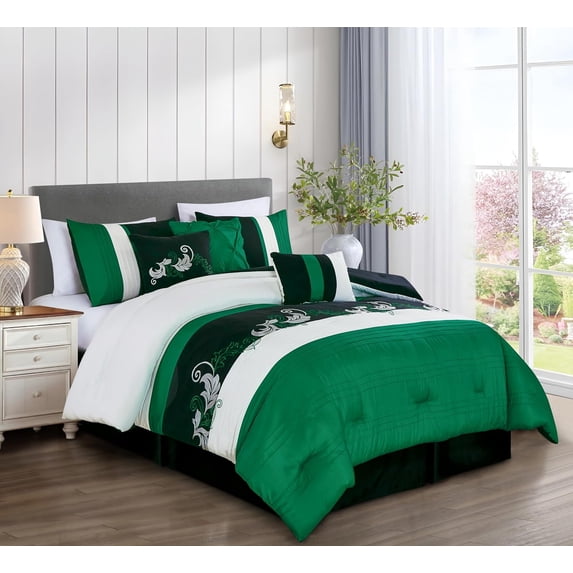 Chezmoi Collection 7-Piece Luxury Floral Leaves Embroidery Comforter Set, Oversized King, Green/Black/Cream