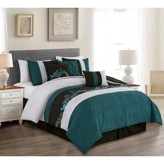 Chezmoi Collection 7-Piece Luxury Floral Leaves Embroidery Comforter Set, Oversized King, Teal/Black/Gray