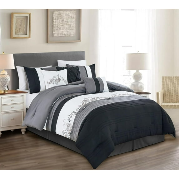 Chezmoi Collection 7-Piece Luxury Floral Leaves Embroidery Comforter Set, Queen, Black/Gray/White