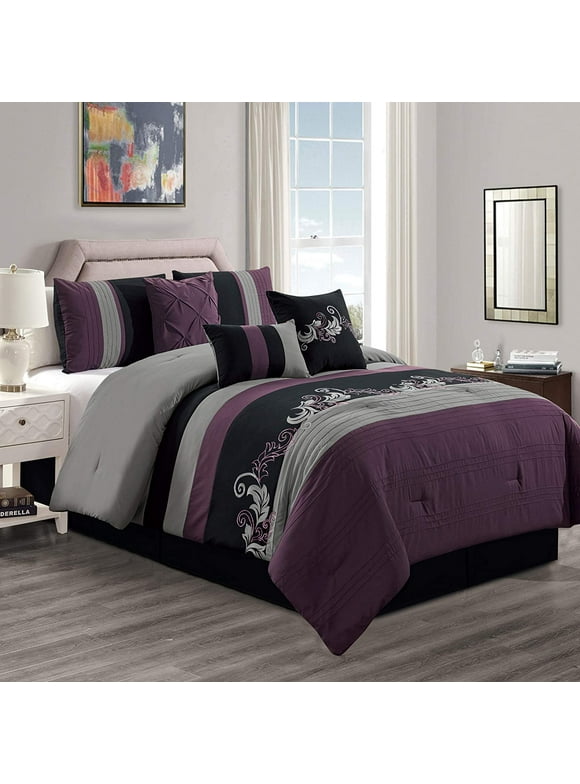 Chezmoi Collection 7-Piece Luxury Floral Leaves Embroidery Comforter Set, Queen, Purple/Gray/Black