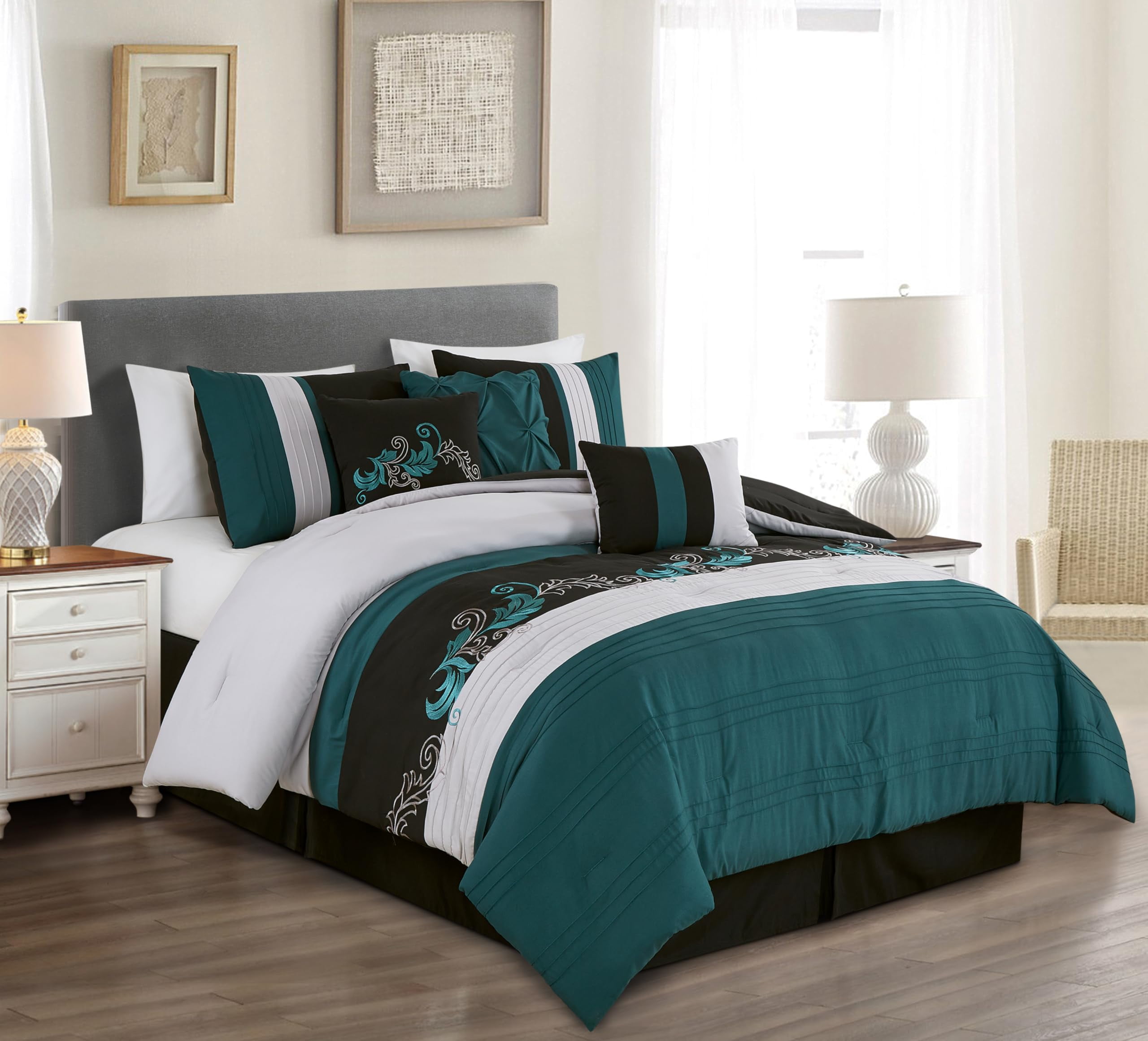 Teal and Black Floral Embroidered Microfiber Queen Comforter Set