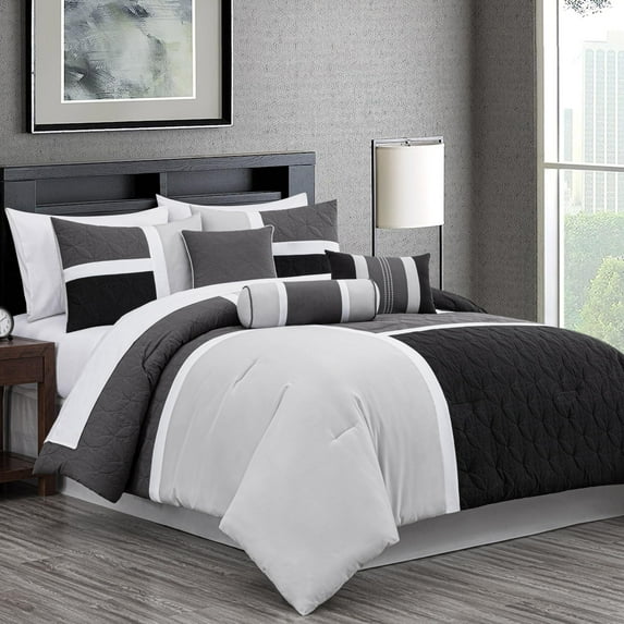 Chezmoi Collection 7-Piece Medallion Patchwork Comforter Set, California King, Black/Gray/Light Gray