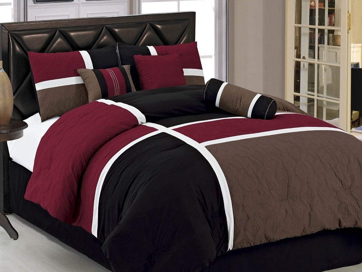 Chezmoi Collection Vienna 7-Piece Embroidered Floral Comforter Set (Queen,  Burgundy Taupe Brown)