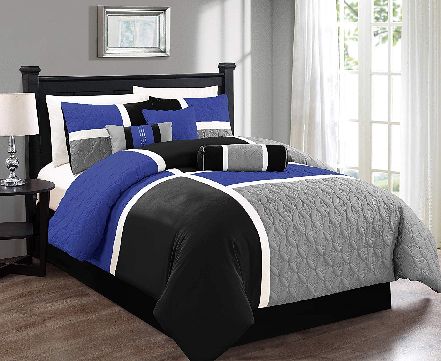 Chezmoi Collection Contemporary 7-Piece King Comforter Set, Medallion  Patchwork Design, Blue/Grey/Black - Walmart.com, image size:1500x1229