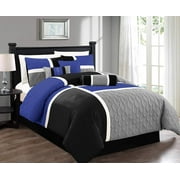 Chezmoi Collection 7-Piece Medallion Patchwork Comforter Set, King, Blue/Gray/Black