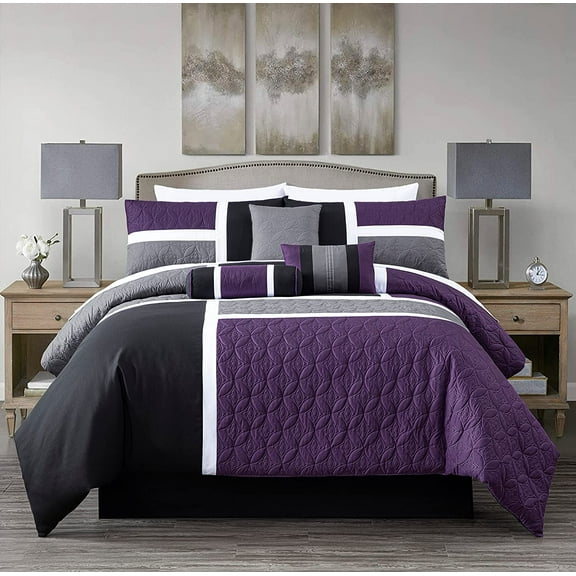 Chezmoi Collection 7-Piece Medallion Patchwork Comforter Set, King, Purple/Black/Gray