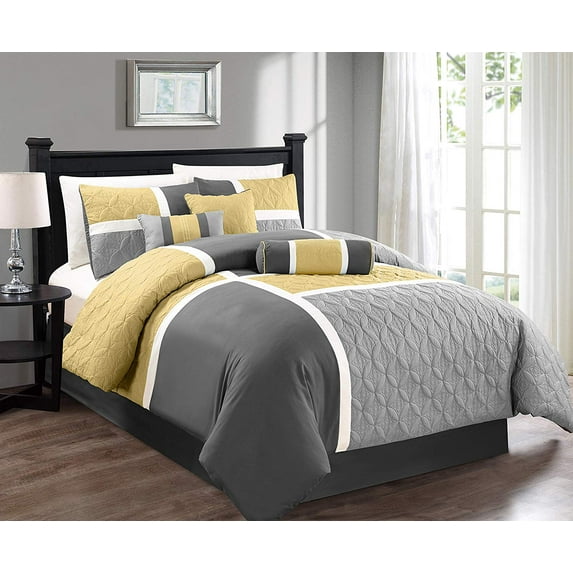 Chezmoi Collection 7-Piece Medallion Patchwork Comforter Set, King, Yellow/Gray