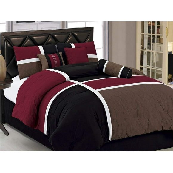 Chezmoi Collection 7-Piece Medallion Patchwork Comforter Set, Queen, Burgundy/Brown/Black