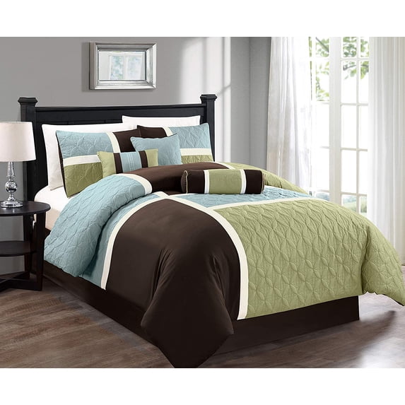 Chezmoi Collection 7-Piece Medallion Patchwork Comforter Set, Queen, Coffee/Blue/Green