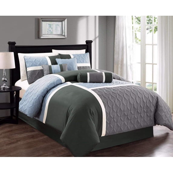 Chezmoi Collection 7-Piece Medallion Patchwork Comforter Set, Queen, Gray/Charcoal/Blue