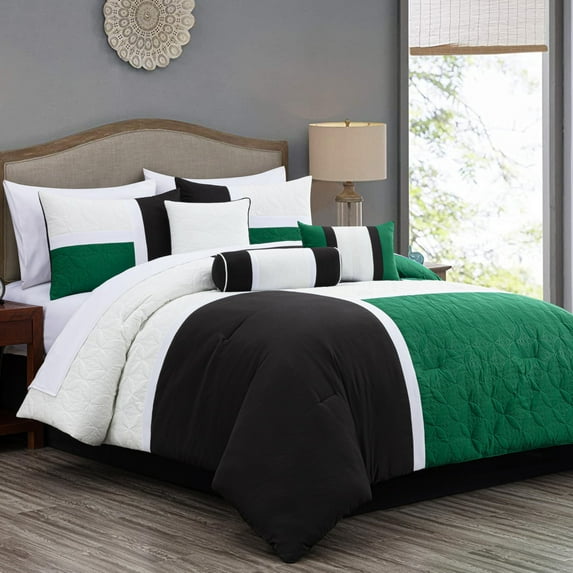 Chezmoi Collection 7-Piece Medallion Patchwork Comforter Set, Queen, Green/Black/Cream White