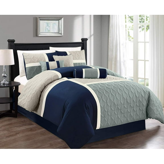 Chezmoi Collection 7-Piece Medallion Patchwork Comforter Set, Queen, Navy/Blue/Gray