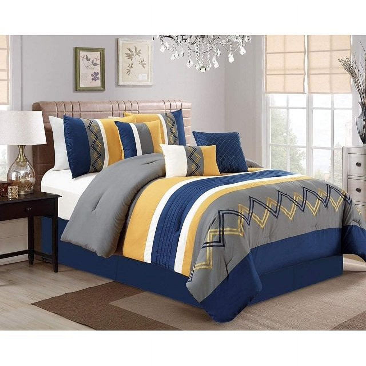 King Navy and Gray Microfiber Comforter Set with Chevron Embroidery