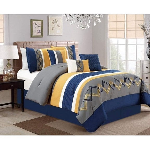 Chezmoi Collection 7-Piece Navy/Gray/Yellow/White Modern Stripe Zigzag Embroidery Comforter Set, Oversized King