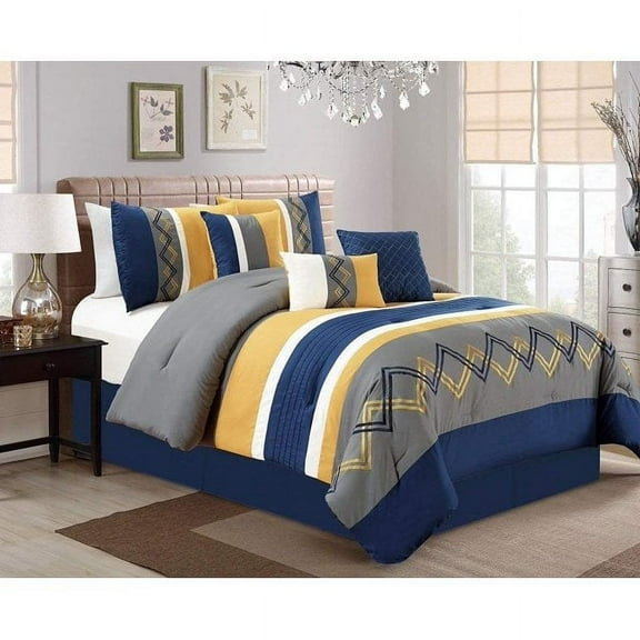 Chezmoi Collection 7-Piece Navy/Gray/Yellow/White Modern Stripe Zigzag Embroidery Comforter Set, Queen