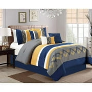 Chezmoi Collection 7-Piece Navy/Gray/Yellow/White Modern Stripe Zigzag Embroidery Comforter Set, Queen