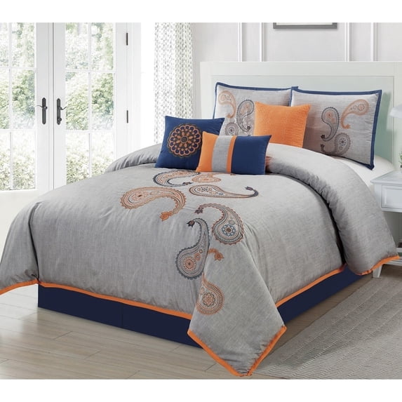 Chezmoi Collection 7-Piece Navy Orange Paisley Floral Embroidery Comforter Bedding Set (King)
