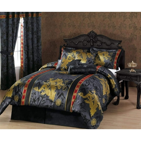 Chezmoi Collection 7-Piece Palace Dragon Black Gold Red Jacquard Comforter Set, King