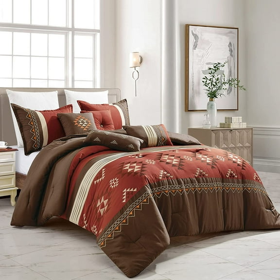 Chezmoi Collection 7-Piece Queen Comforter Set, Rustic Southwestern Brown Red Clay Coffee Cream Geometric Embroidered Lightweight Bedding Comforter and Pillow Cushions