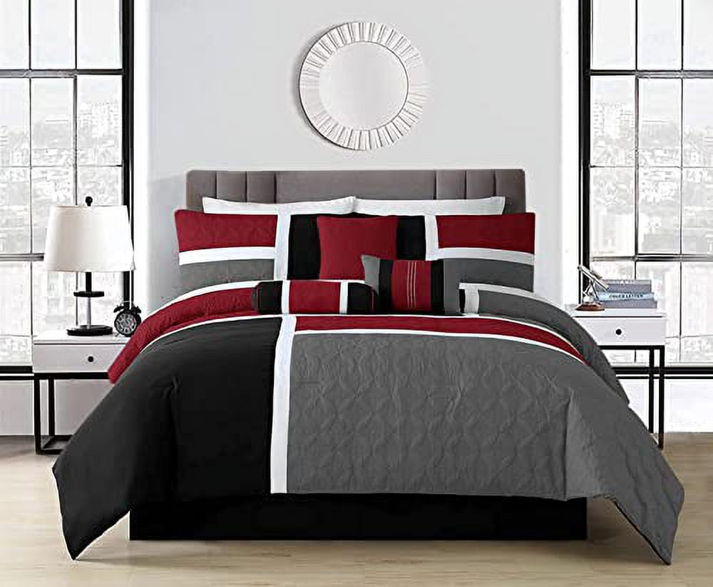 Queen Red/Gray/Black Patchwork Comforter Set