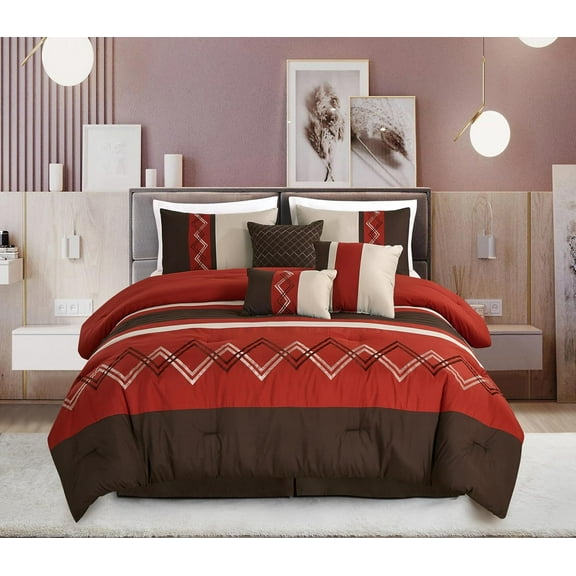 Chezmoi Collection 7-Piece Spice/Brown/Coffee Cream Modern Stripe Zigzag Embroidery Comforter Set, Full