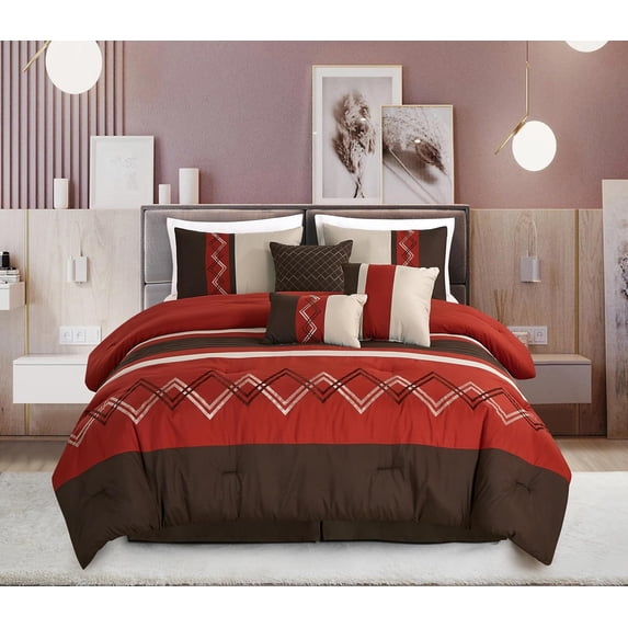 Chezmoi Collection 7-Piece Spice/Brown/Coffee Cream Modern Stripe Zigzag Embroidery Comforter Set, Full