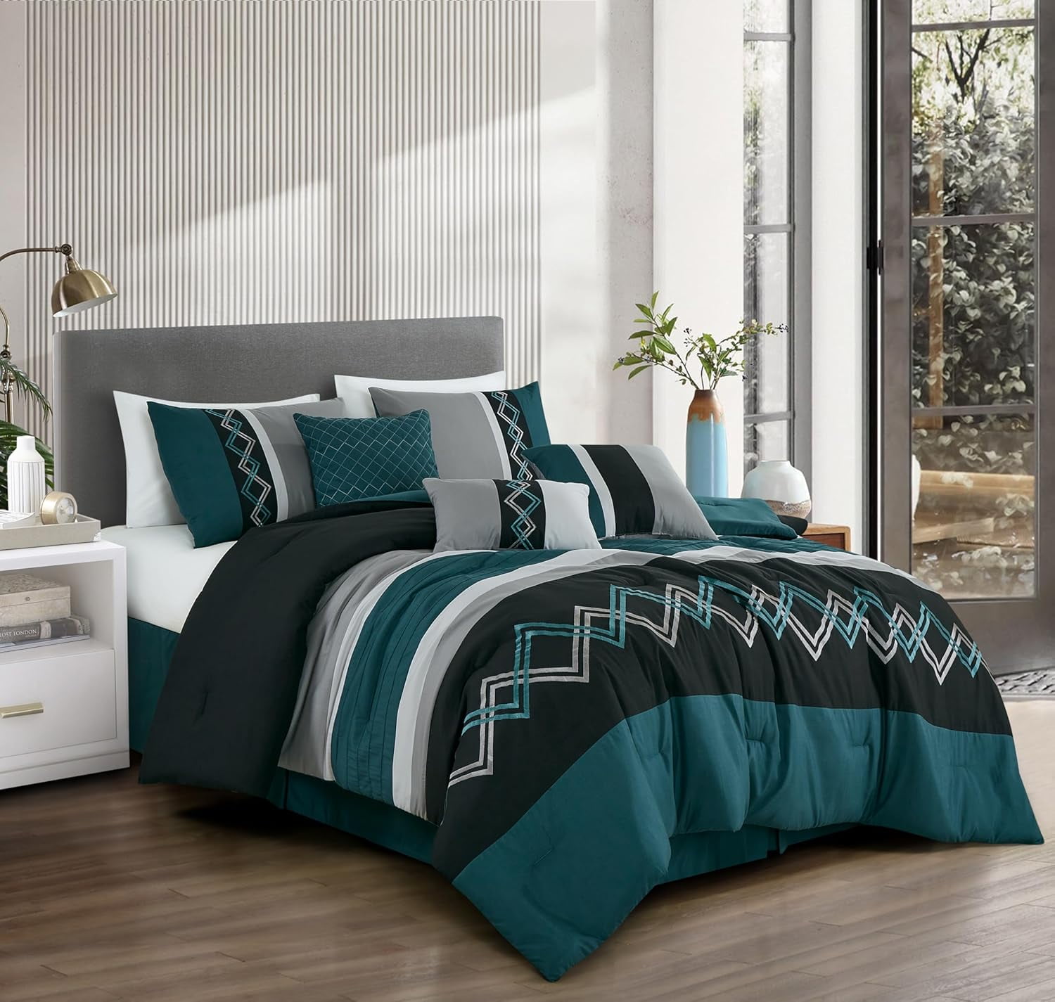 Teal and Black Microfiber Queen Comforter Set with Zigzag Embroidery
