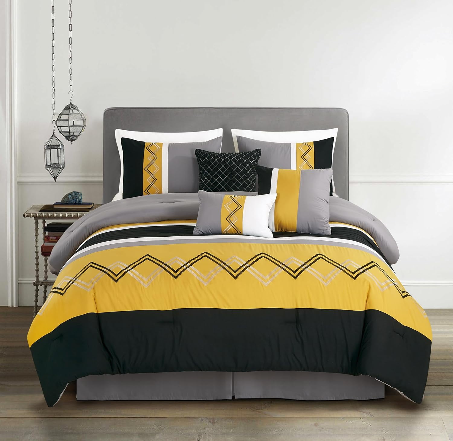 Full Turmeric Black Silver Gray White Microfiber Comforter Set