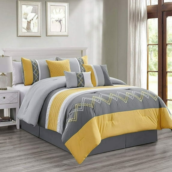 Chezmoi Collection 7-Piece Yellow/Gray/White Modern Stripe Zigzag Embroidery Comforter Set, Full