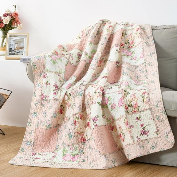 Chezmoi Collection Abbi 1-Piece Garden Floral Pink Shabby Chic Throw Vintage Washed Cotton Ruffle Trim Patchwork Throw Blanket