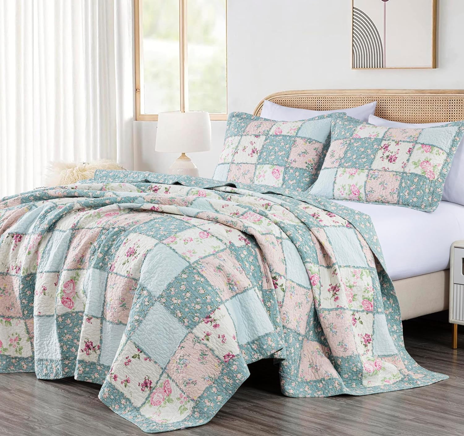 King Size Blue Cotton Reversible Patchwork Quilt Set