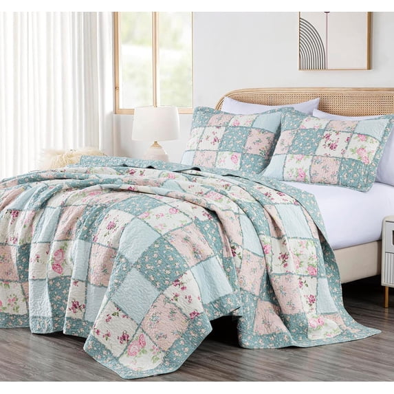 Chezmoi Collection Abbi 3-Piece Multicolor Blue Shabby Chic Bedding King Quilt Set Pre-Washed Cotton Floral Coverlet Bedspread Ruffled Patchwork Quilt Queen Size