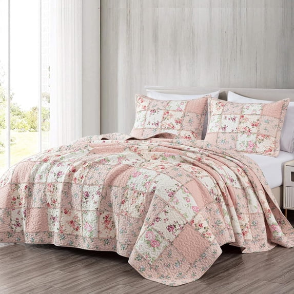 Chezmoi Collection Abbi 3-Piece Pink Shabby Chic Bedding Oversized King Quilt Set Pre-Washed Cotton Floral Coverlet Bedspread Ruffled Patchwork Quilt, Oversized King Size