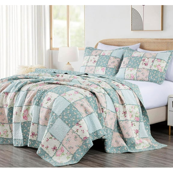 Chezmoi Collection Abbi 3-Piece Shabby Chic Bedding King Quilt Set Pre-Washed Cotton Floral Coverlet Bedspread Ruffled Patchwork Quilt King Size