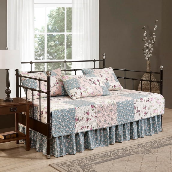 Chezmoi Collection Abbi 5-Piece Multicolor Blue Shabby Chic Bedding Floral Daybed Cover Set, Lightweight Vintage Washed Cotton Patchwork Quilt