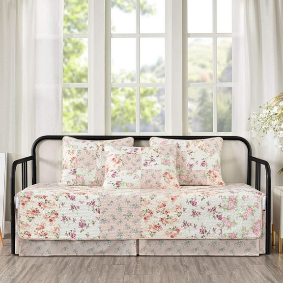 Chezmoi Collection Abbi 5-Piece Pink Shabby Chic Bedding Floral Daybed Cover Set, Lightweight Vintage Washed Cotton Patchwork Quilt