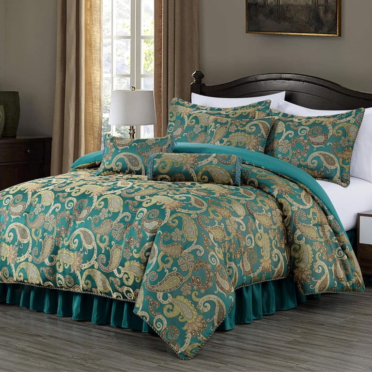 Chezmoi Collection Adelle 7-Piece Teal Paisley Jacquard Comforter