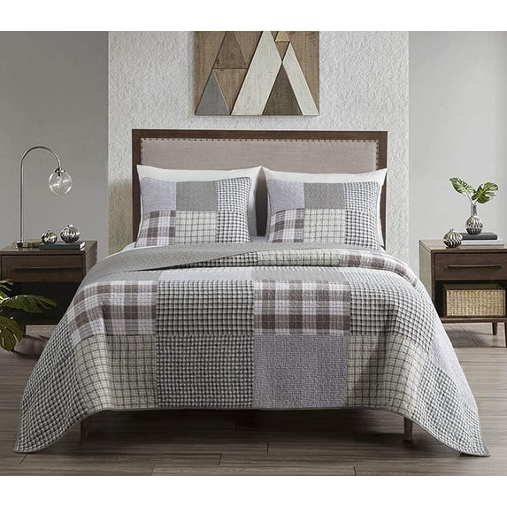 Chezmoi Collection Adrian 3-Piece Plaid Windowpane Checkered Patchwork 100% Vintage Washed Cotton Quilt Set, Queen Size