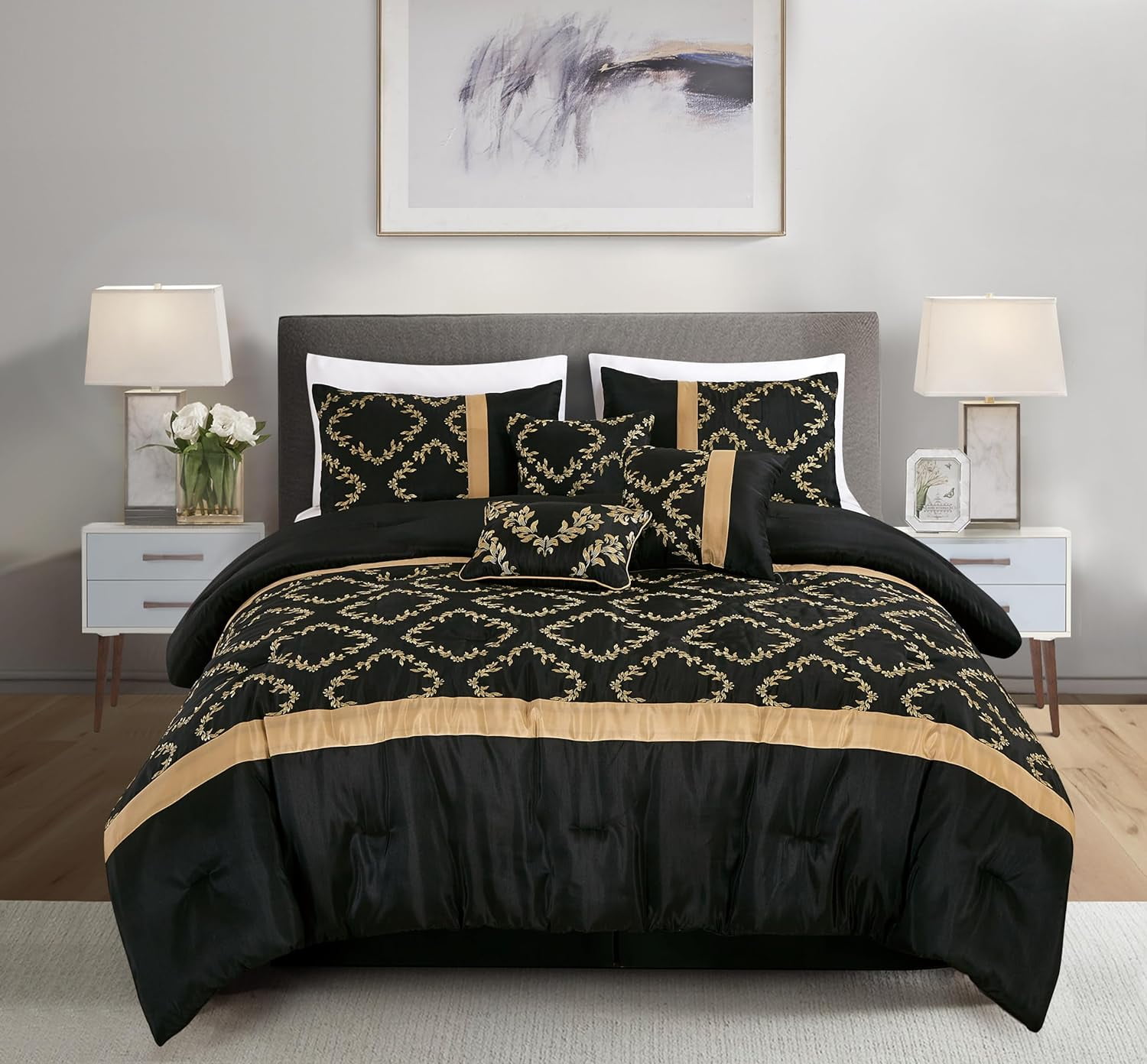 Full Black and Gold Faux Silk Embroidered Comforter Set