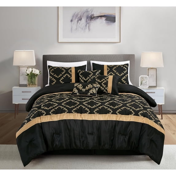 Chezmoi Collection Agnes 7-Piece Black/Gold Floral Vine Embroidered Faux Silk Comforter Set, Queen