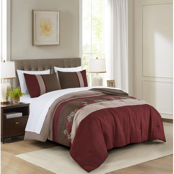 Chezmoi Collection Alana 7-Piece Bed in a Bag Comforter Set with Sheets, Embroidered Floral Luxury Leaves Burgundy/Taupe/Brown Lightweight All Season Bedding, Queen Size