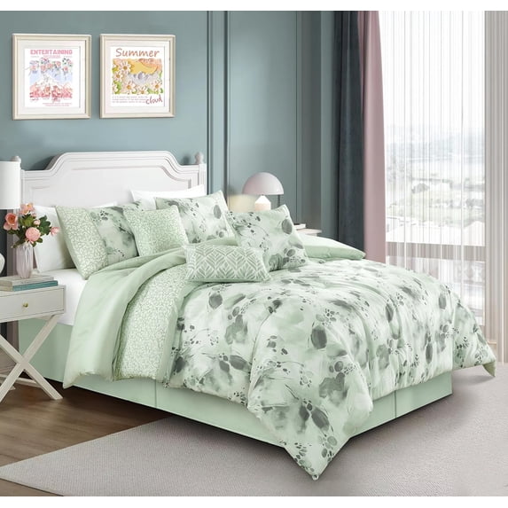 Chezmoi Collection Allery 7-Piece Floral Botanical Comforter Set King, Floral Embroidery Multicolor Soft Pastel Green White Floral Leaves Printed Microfiber Lightweight Bedding Set