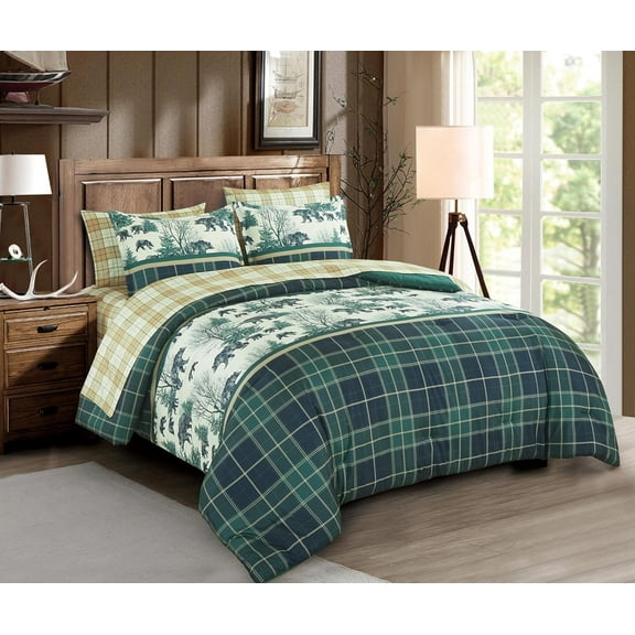 Chezmoi Collection Alpine 7-Piece Northwest Cabin Lodge Bed in a Bag Queen Comforter Set, Blue Green Ivory Tan Grizzly Bear Pine Tree Wilderness Printed Microfiber Bedding Set