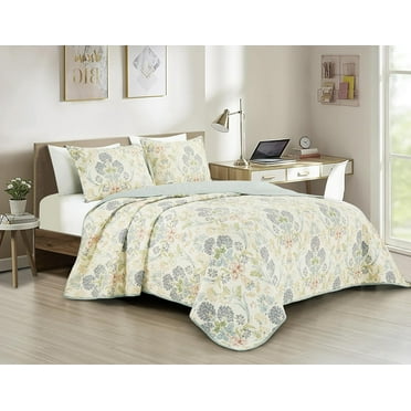 Chezmoi Collection Alyssa 3-Piece Floral Medallion Garden Quilt Set Queen, Multicolor Blue Green Red Yellow White Printed Microfiber Lightweight Bedspread Set for All season