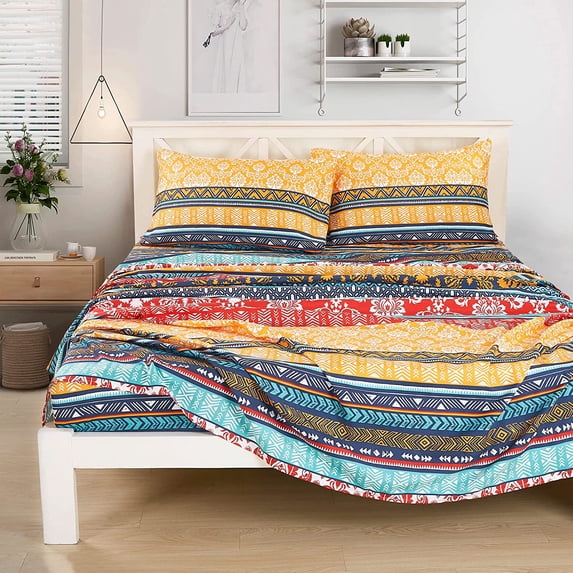 Chezmoi Collection Amara 3-Piece Boho Stripe Bed Sheet Set, Floral Colorful Bohemian Printed Brushed Microfiber Deep Pocket Sheets & Pillowcases, Twin