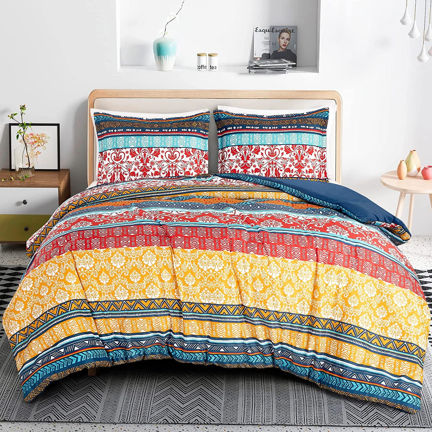 Chezmoi Collection Amara 3-Piece Queen Set, Boho Stripe, Floral ...