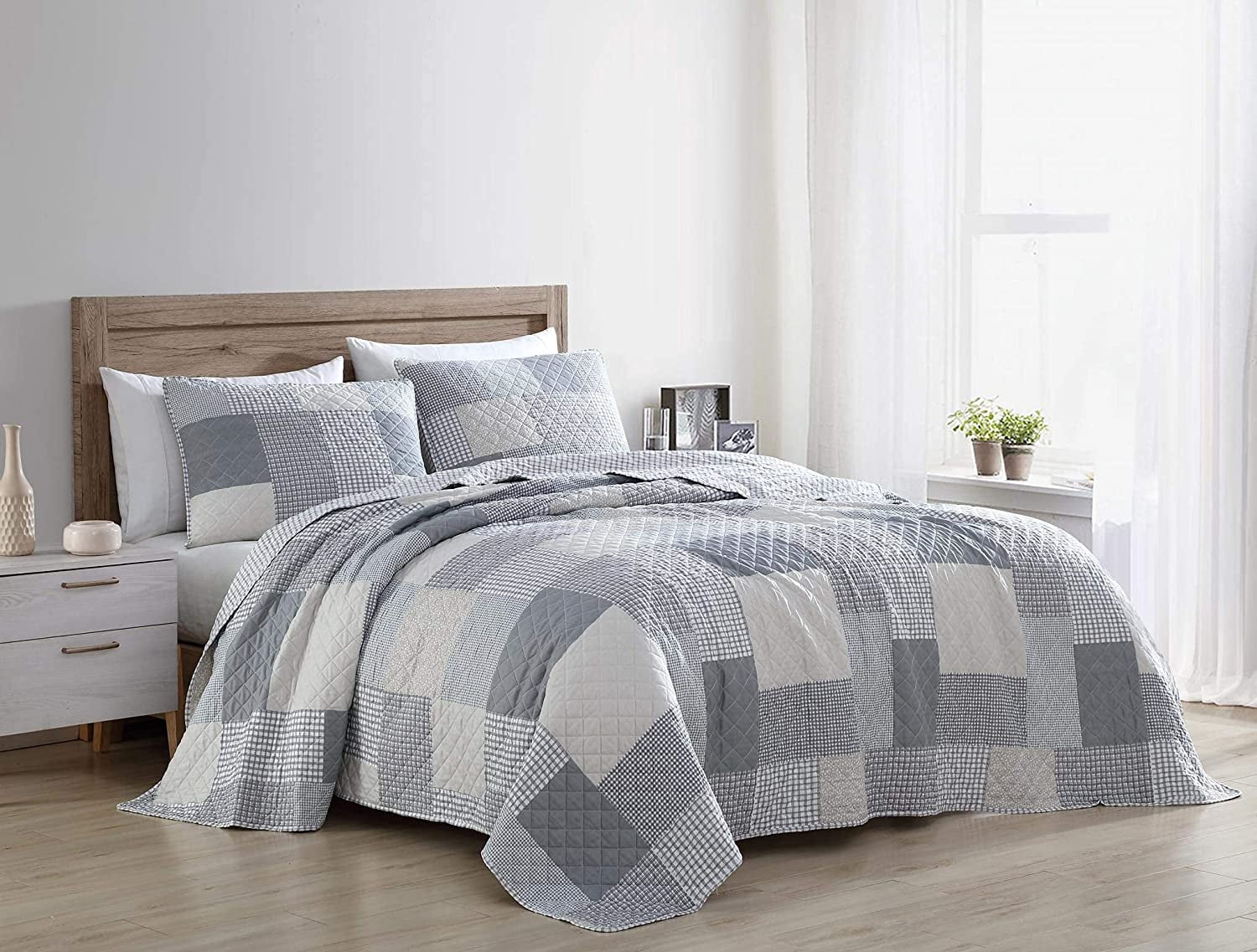 Chezmoi Collection Anderson 3-Piece Printed Gray White Plaid Checkered Patchwork Quilt Set, Queen