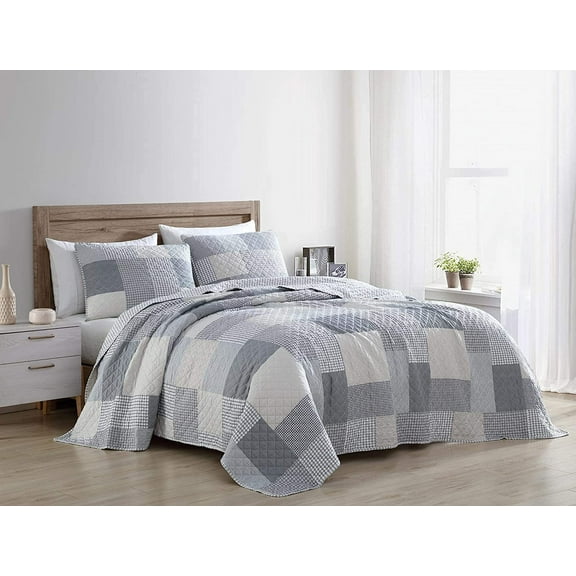 Chezmoi Collection Anderson 3-Piece Printed Gray White Plaid Checkered Patchwork Quilt Set, Queen