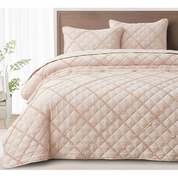 Chezmoi Collection Annabelle 3-Piece Blush Queen Size Quilt Set - Diamond Ruffle Stone-Washed Super Soft Lightweight Microfiber Quilted Bedspread Set for All Seasons